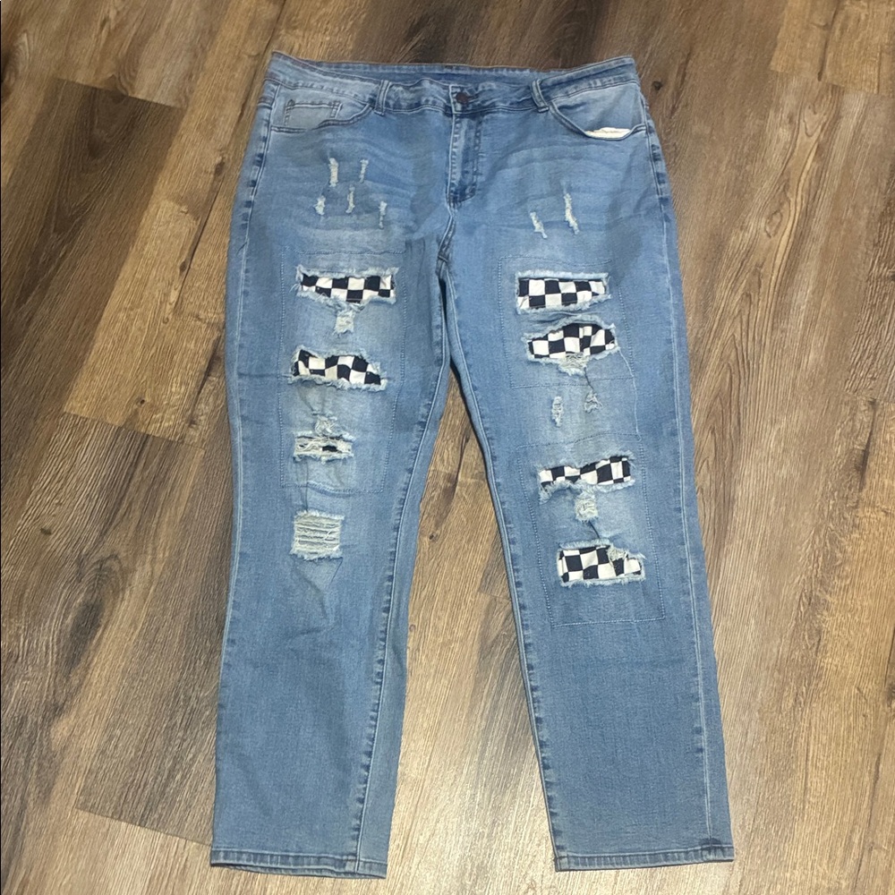 Women's Distressed Blue Jeans with Checkered Patches Size 2XL